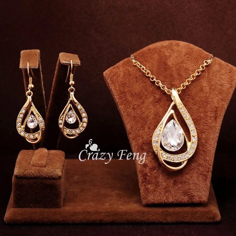 Свадебные ювелирные изделия, желтое золото, австрийский кристалл, ожерелье+ серьги, ювелирные наборы
