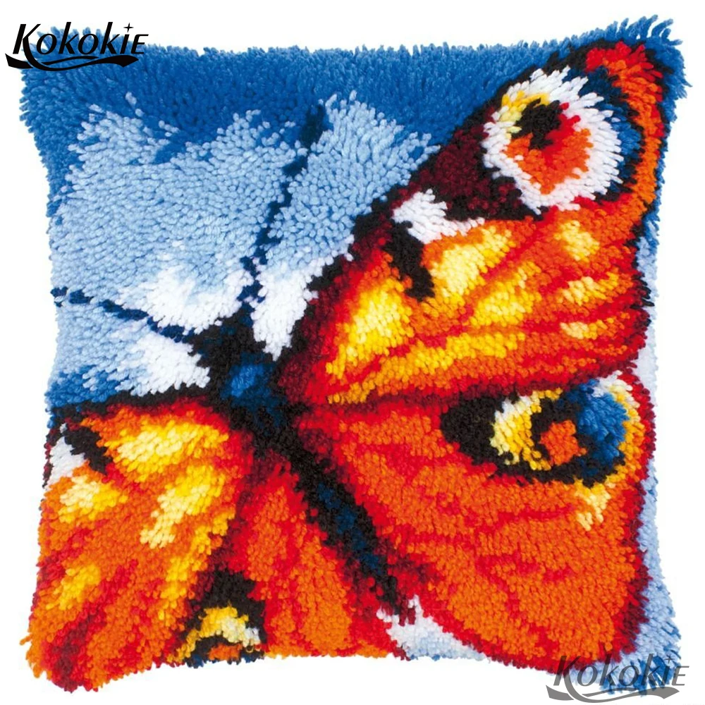 Purple Butterfly Latch Hook Kits Pillow DIY Rug Crochet Hook Cushion Making Kits With Preprinted Pattern Canvas Instruction Yarns And Latch Hooking