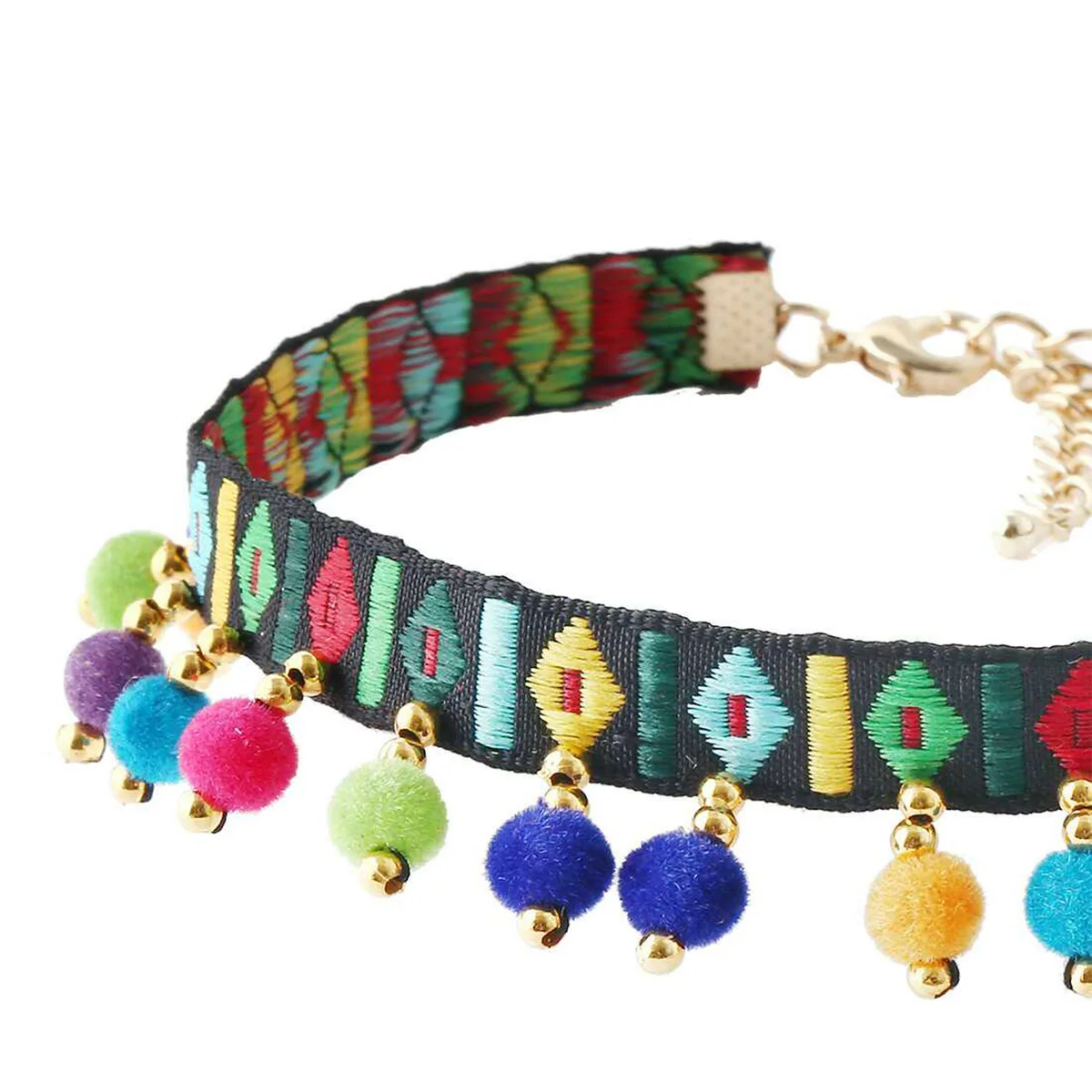 Vintage Embroidery Bead Tassel Choker Neckalce Ethnic Colorful Ball Pendant Necklace Bib Statement Short Collar Necklace Jewelry