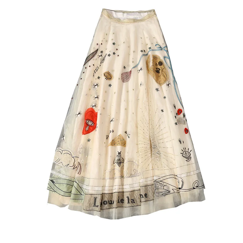 

New long skirt the female summer heavy industry the nail bead net gauze embroidery half skirt.