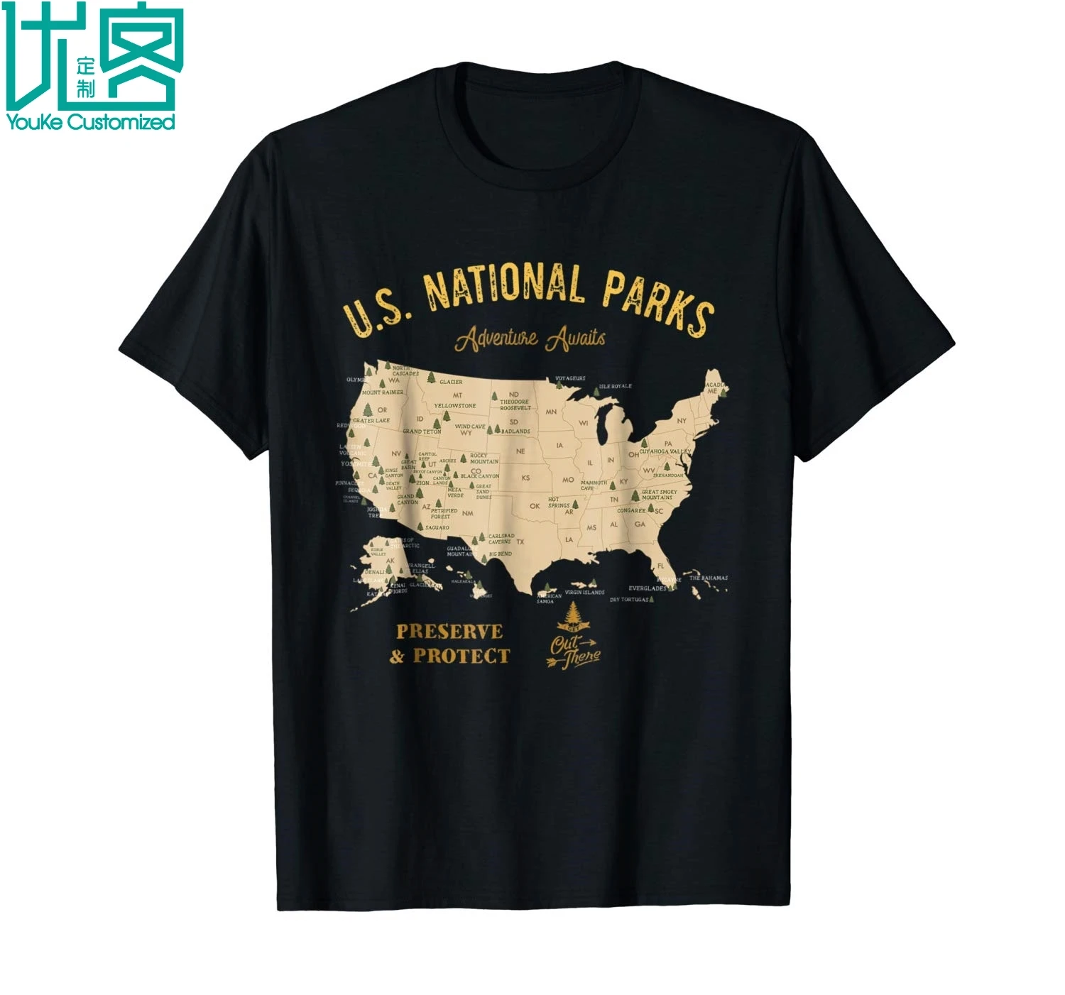 U S National Parks Map T Shirt Vintage Hiking Camping 2019 Summer Men's Short Sleeve T-Shirt | Мужская одежда