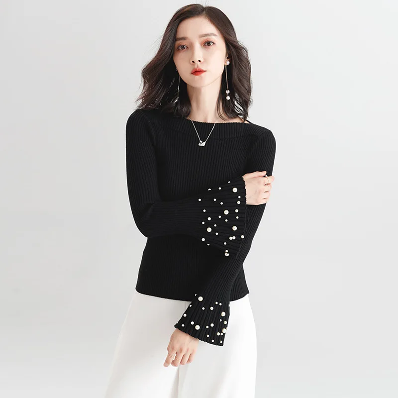2018 autumn and winter new stylish sweater thicken flare sleeves slash neck bottoming sweater for women F9581 2018 autumn and winter new stylish sweater thicken flare sleeves slash neck bottoming sweater for women F9581