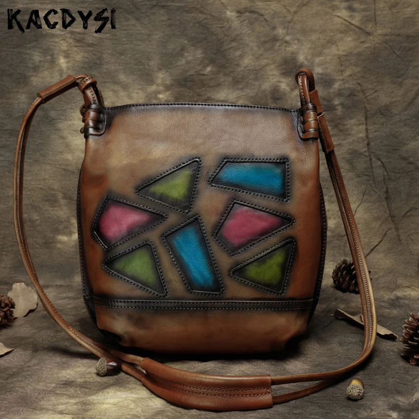 

2019 Design Genuine Leather Women Shoulder Messenger Bag Vintage Handbag Handmade Cow Leather Bag Female Geometric Crossbody Bag