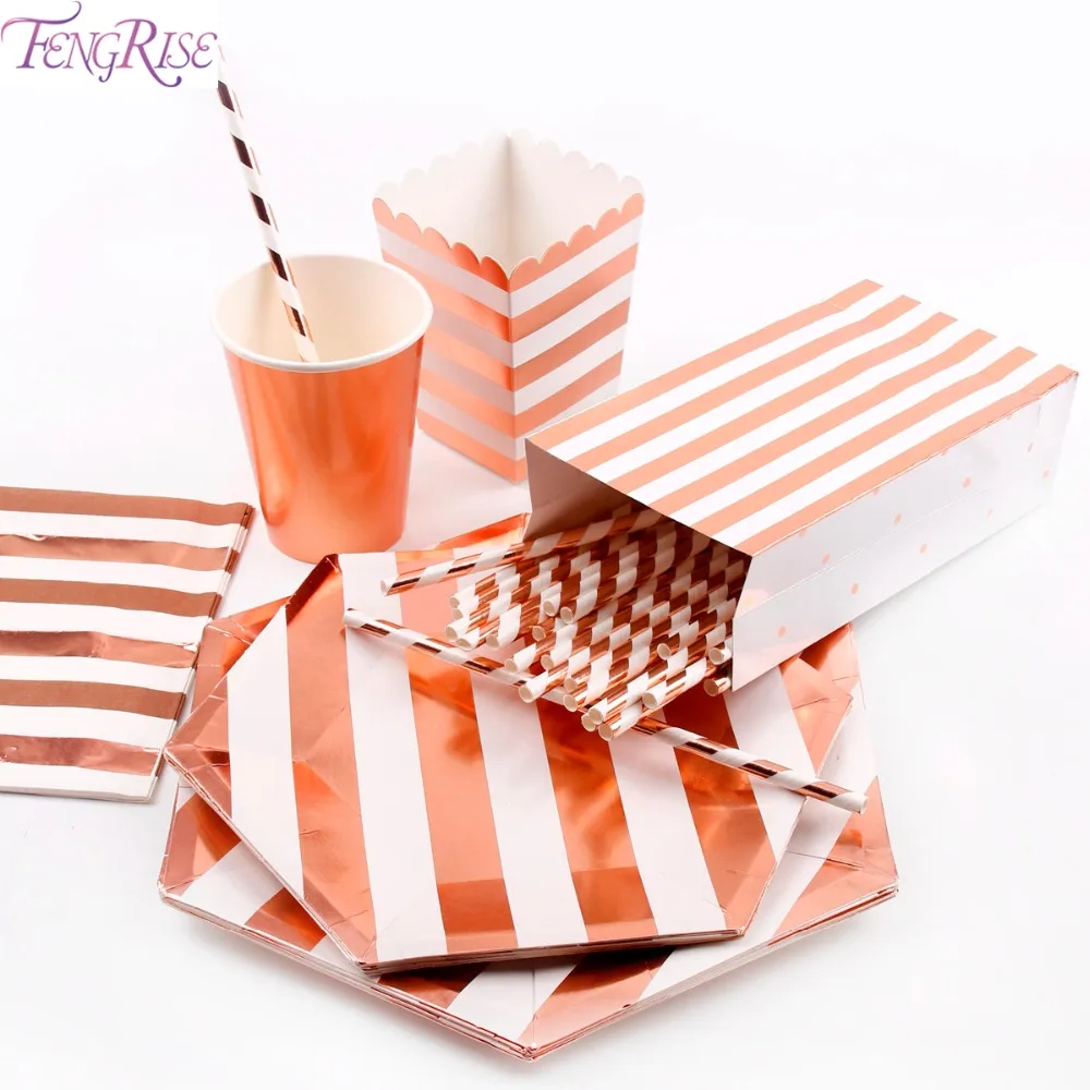 

FENGRISE Popcorn Bag Box Rose Gold Party Decoration Paper Plate Napkins Cups Straws Table Unicorn Birthday Party Tableware Decro