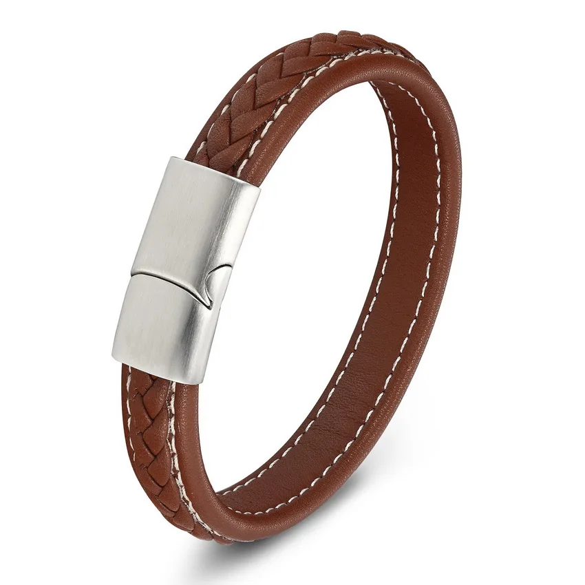 Классический мужской и женский кожаный браслет из нержавеющей стали с магнитной пряжкой, размер 19,21, 23 см, на выбор - Окраска металла: Brown Silver