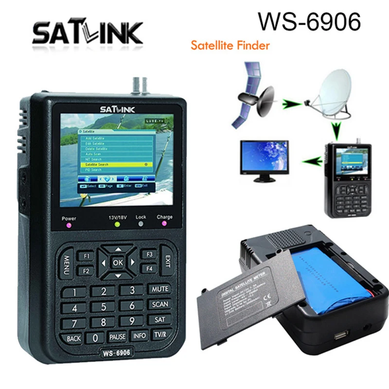 

Satlink WS 6906 Digital Satellite Meter Sat finder DVB-S FTA MPEG-2 Satellite Signal Finder EPG AV 3.5 inch LCD Display WS-6906