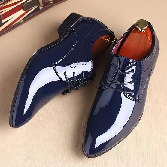 Плюс Размеры, 47, 48(Европа), Лакированная Кожа Мужская Свадебная обувь цвет: черный, синий, красный, белый; Туфли-оксфорды; дизайнерская обувь; нарядные туфли с острым носком M441 - Цвет: Синий