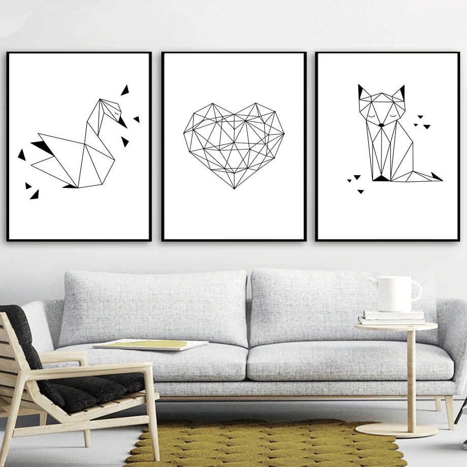 Geometry_Swan_Fox_Heart_Nordic_Posters_And_Prints_Wall_Art_Canvas_Painting_Animal_Black_White_Wall
