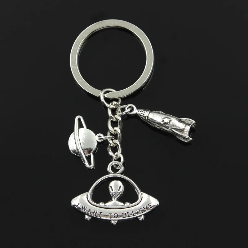 

Fashion 30mm Key Chain Keychain Jewelry Silver rocket spaceship alien UFO planet spark Pendant