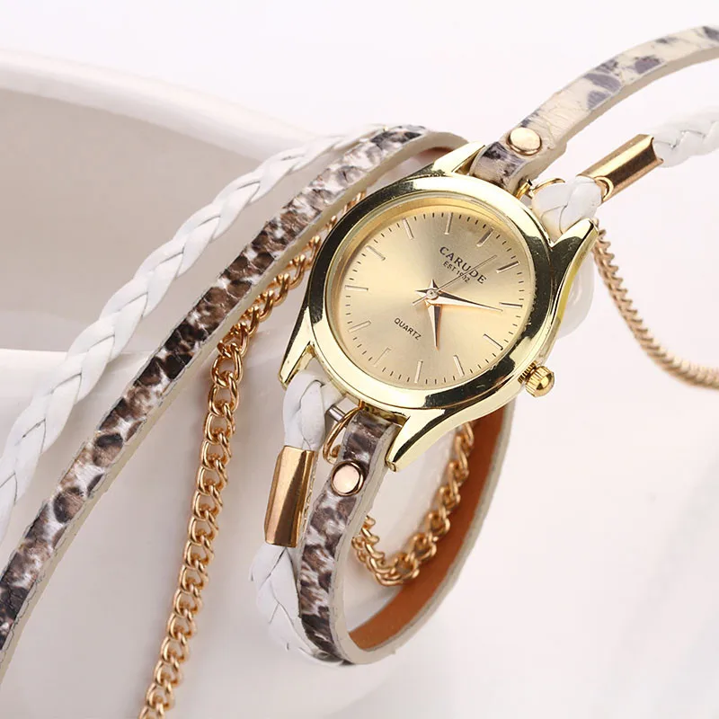 Бренд Amecior леопардовая полоска браслет плетеный обмотка кварцевые наручные часы модные женские часы со стразами браслет