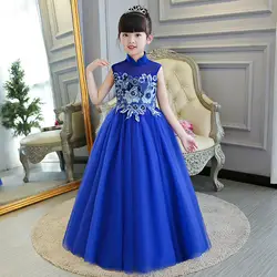 2018 дети девушка цветок Cheongsam свадебное платье принцессы пианино Qipao длинные китайский стиль вечернее Ретро Лето для женщин пикантные синий