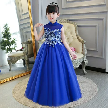 

2018 Children Girl Flower Cheongsam Wedding Princess Piano Qipao Long Chinese Style Evening Dress Retro Summer Women Sexy Blue