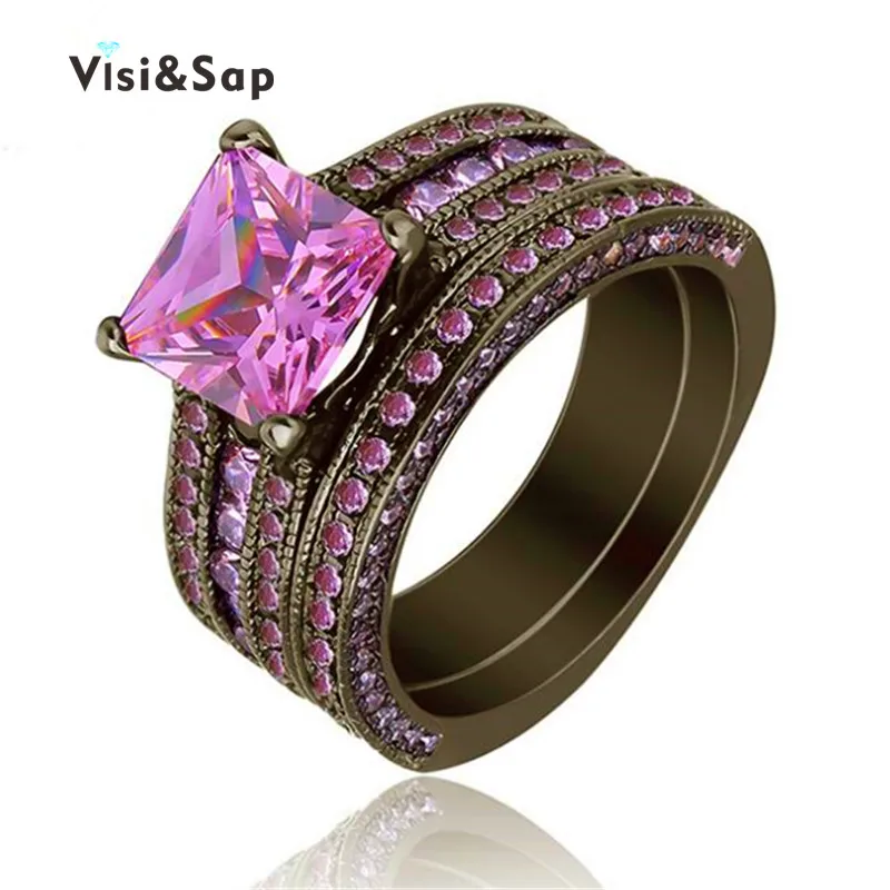 

Visisap Black gold color Ring Pink stone Square AAA Zircon Vintage Wedding bridal Sets Rings For Women Fashion Jewelry VSR116
