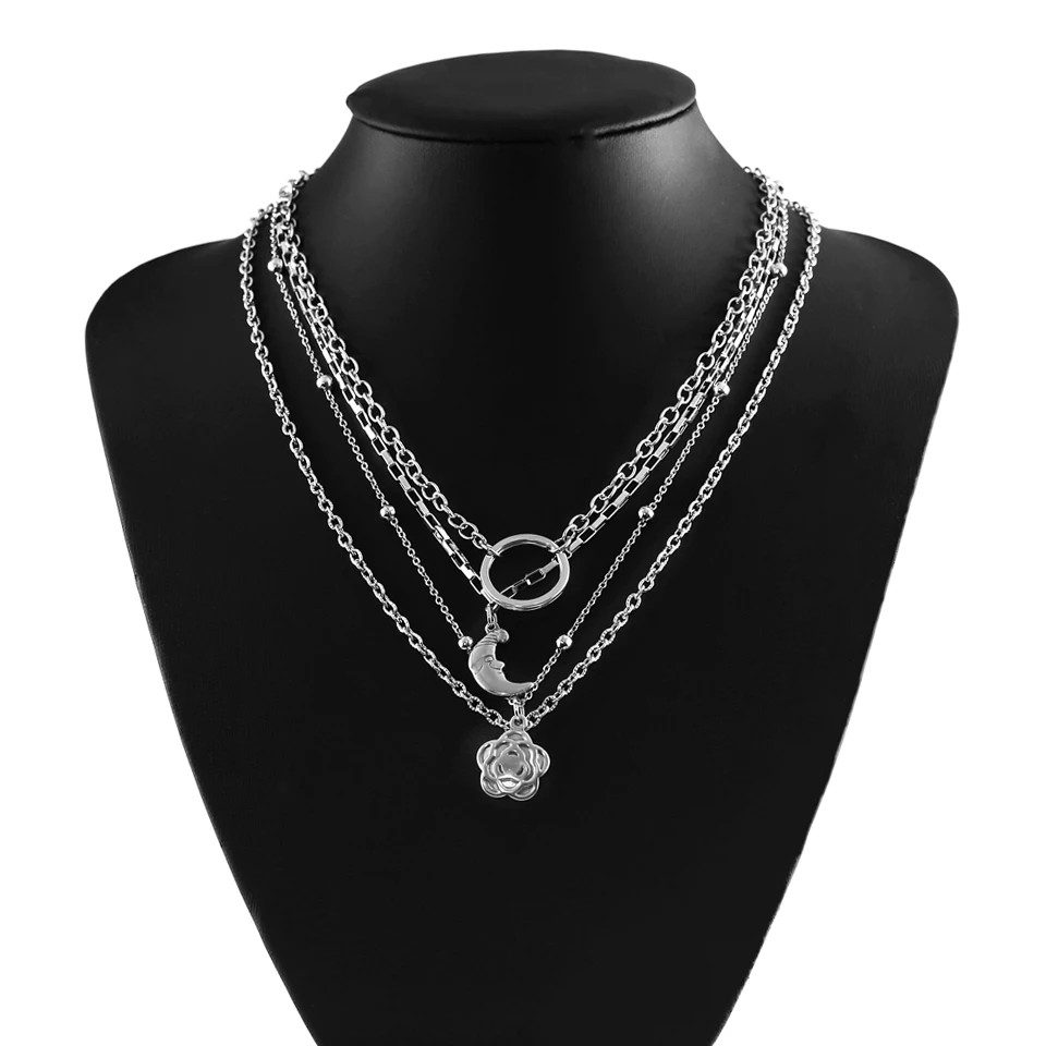 4 Layers Stainless Steel Sweater Chains Necklace for Women Rose Flower