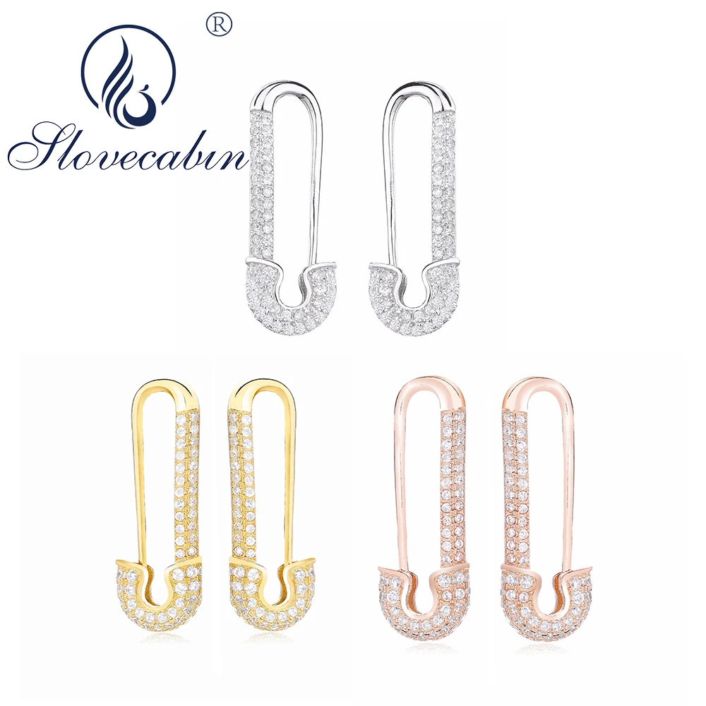 

Slovecabin Argent 925 Sterling Silver Paper Clip Pave Sparking CZ Crystal Simple Safety Earrings For Women Silver 925 Jewelry