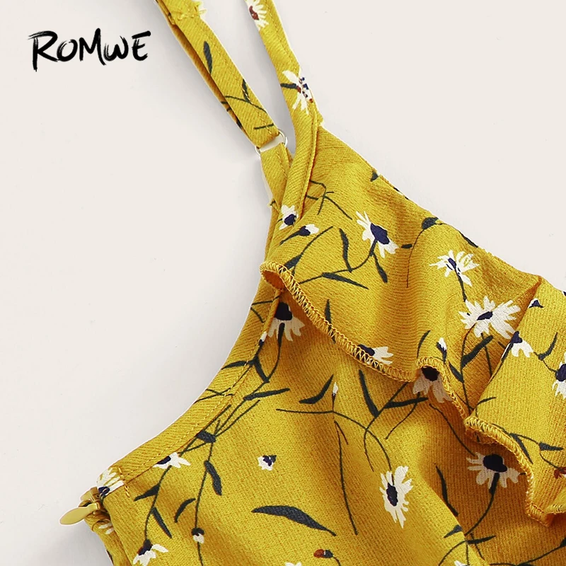 ROMWE желтое платье с цветочной оборкой и поясом на бретельках для женщин летнее платье без рукавов в стиле бохо короткий сарафан для отдыха
