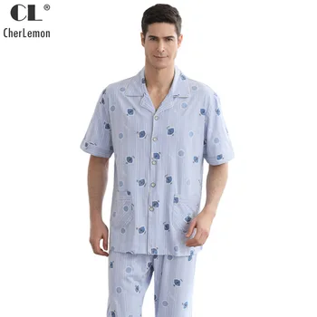 

CherLemon Cotton Sleepwear Mens 2018 Classic Lemon Pattern Homewear Male Summer Short Sleeve Knitted Pajama Set With Long Pants