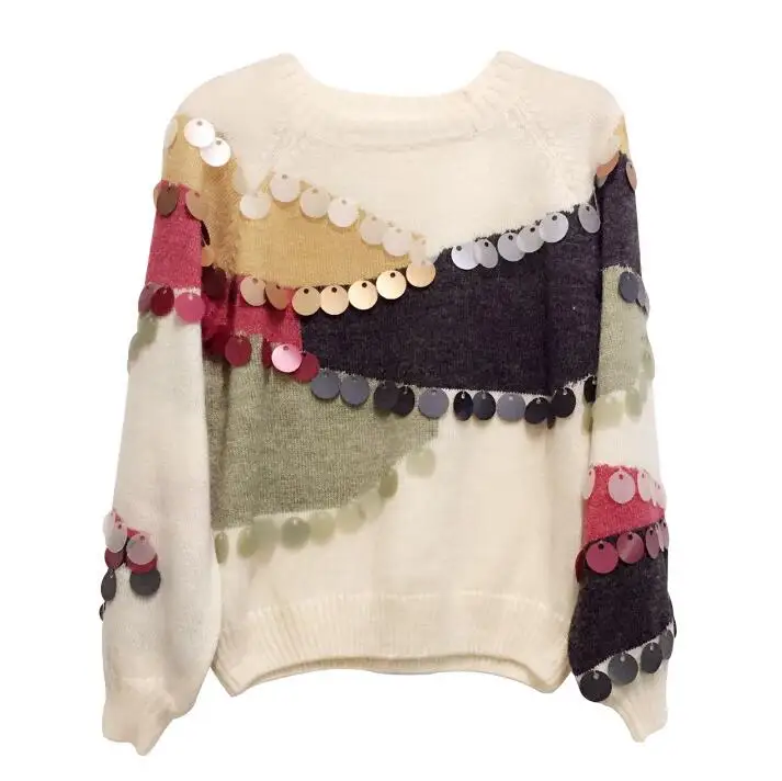 Женский свитер с пайетками и пуловеры с длинными рукавами, корейский модный вязаный свитер из мохера, Свободный вязаный джемпер Sueter Mujer - Цвет: 2