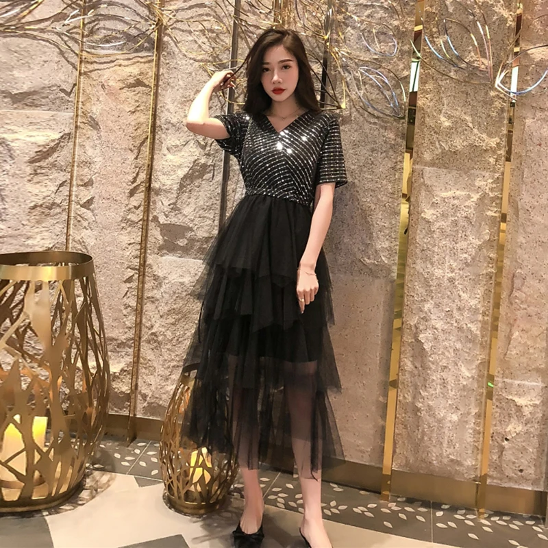 

V Neck Sequined Bling Dress Women Summer Kpop Cake Patchwork Mesh Dress French Retro Elegant Lady Gorgeous Black Robe Femme S-L