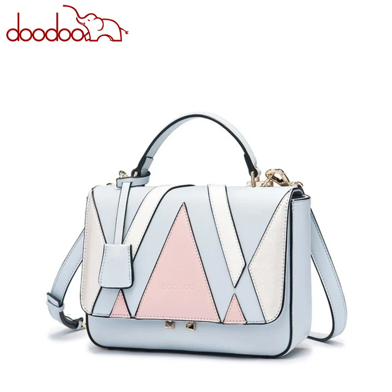 DOODOO 2018 أزياء المرأة حقيبة يد السماء الأزرق زائد الأبيض خياطة الهندسة الكتف حقيبة ساعي بو جاكيت جلدي-حقائب بيد