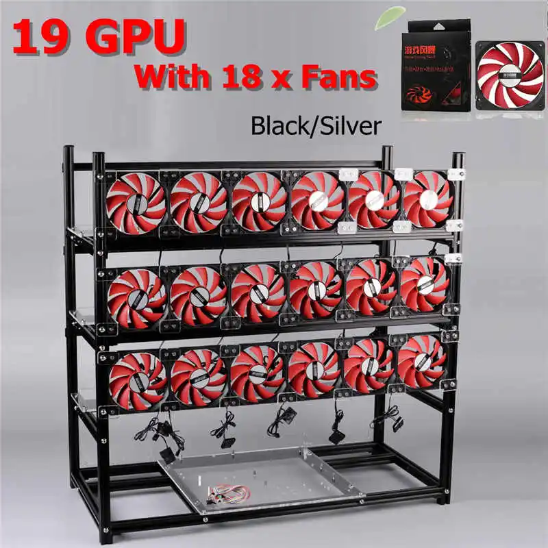 

19 GPU Silver/Black Mining Frame With 18 x LED Fans Aluminum Stackable Open Air Outdoor Mining Frame For ETH / ZEC / Bitcoin