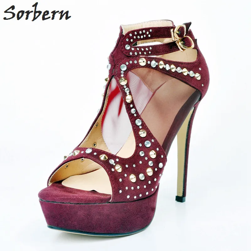 Sorbern Burgundy Women Size 47 Womens High Heel Shoes Faux Suede Rivets