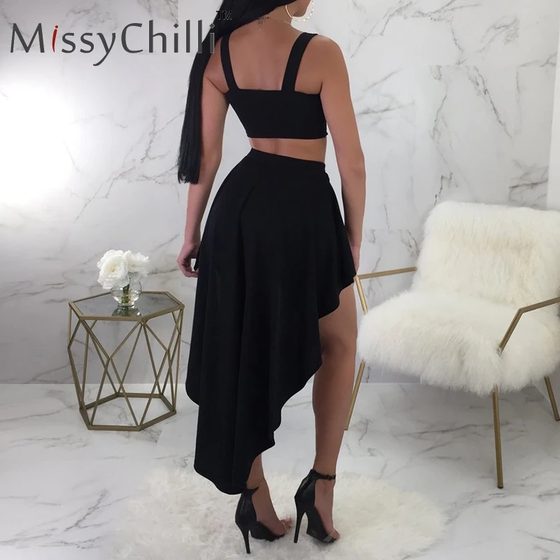 MissyChilli المعادن عالية الخصر مشبك أسود المحاصيل مثير اللباس النساء غير المتماثلة حزام حزب اللباس الإناث اثنين-قطعة بدلة فستان صيفي