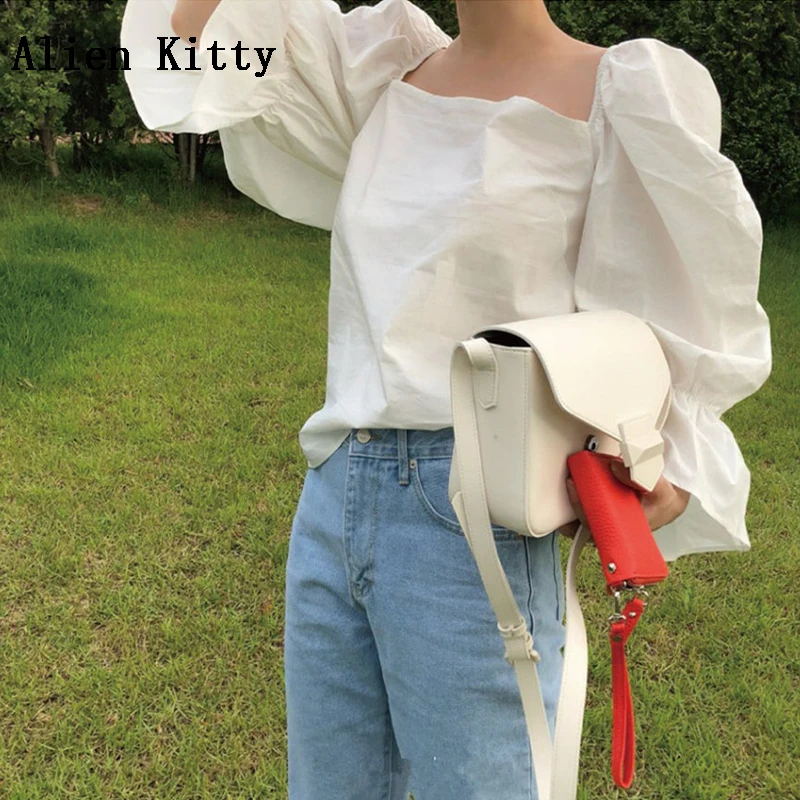 Alien Kitty/простая блузка с вырезом лодочкой 2018 женский короткий рукав-клеш рюшами