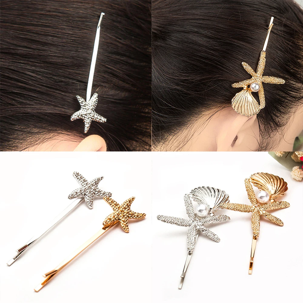 

Starfish Shell Pearl Hairpins Gold Silver Fashion Hair Clips Barrettes Women Girls Headwear Hair Accessories