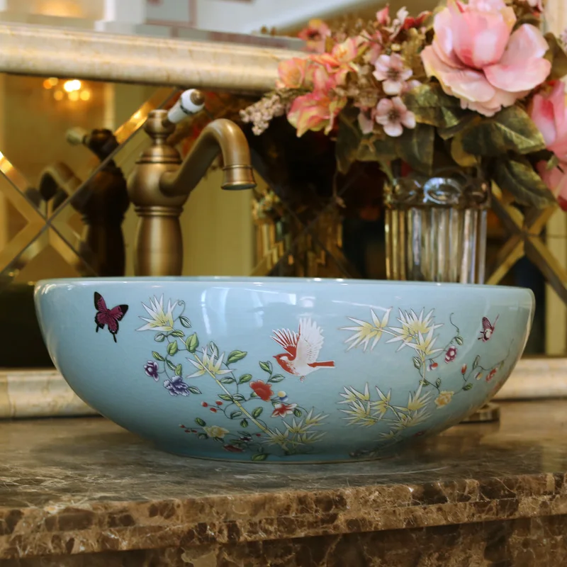 Blue Handmade Porcelain Sink Birds&Flowers Countertop Ceramic wash basin Bathroom Sink (4)