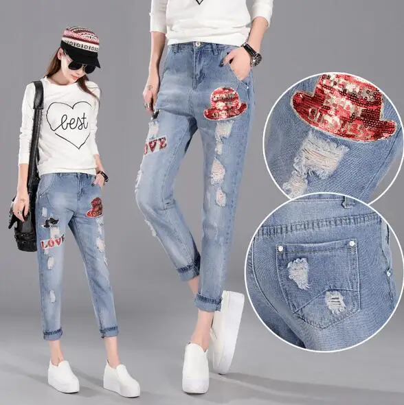 Women jeans casaul Boyfriend Hole Ripped Jeans Sequined Denim Pants Patchwork Destroyed pants S27