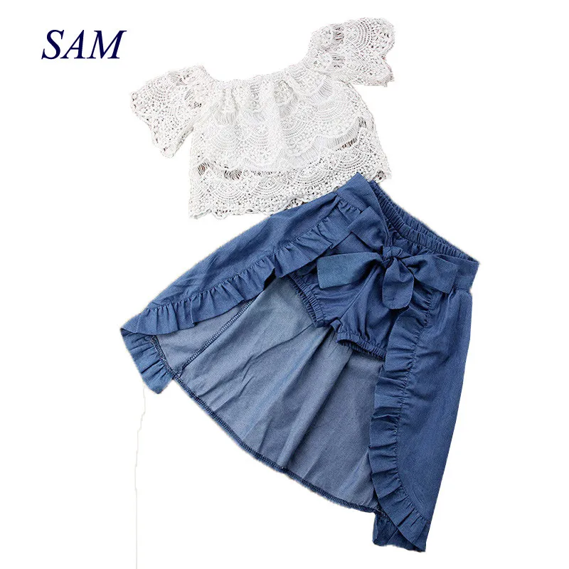 3PCS Baby Girl Clothes Sets Lace Off-Shoulder T-Shirt Tops Skirts Shorts Bowknot Denim Summer Party Clothes Set Child 1-6T