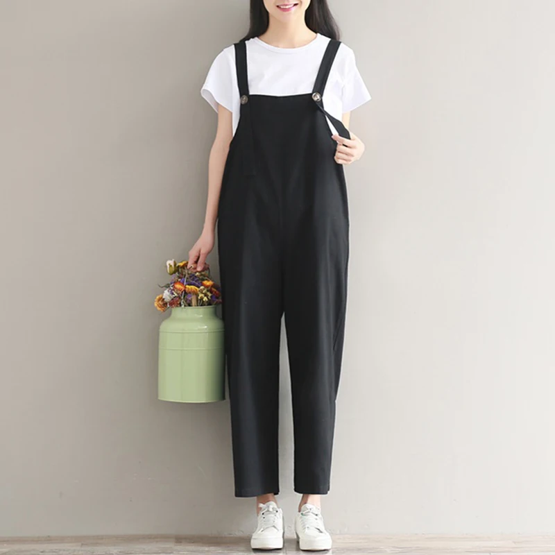 

New Womens Summer Spaghetti Straps Wide Leg Harem Loose Long Pants Jumpsuit Cotton Linen Solid Romper Overalls Plus Size