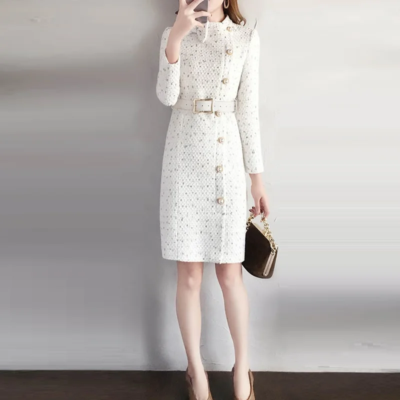 

2019 New Fashion Elegant Runway Tweed Dress Women Casual Long Sleeve Wool Dresses Female Elegant Woolen Dress Ladies Office