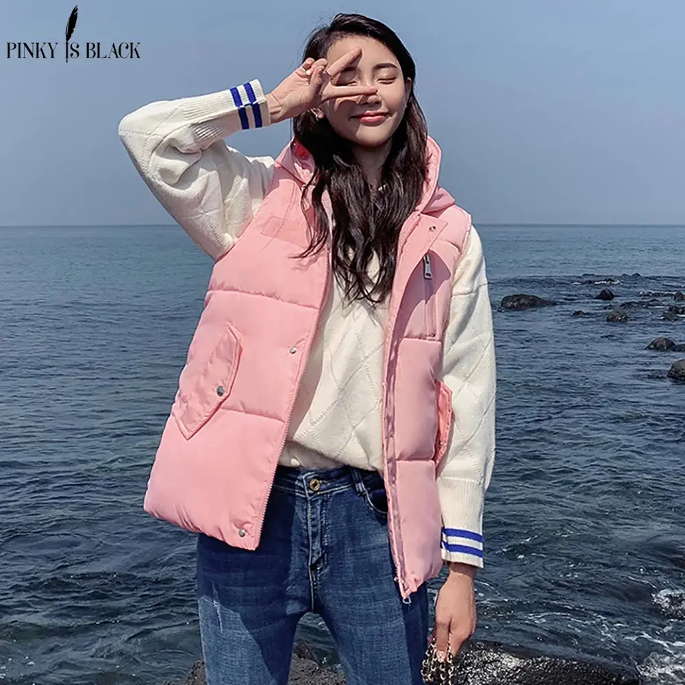 

PinkyIsBlack 2019 New Autumn Winter Vest Waistcoat Women Short Vest Sleeveless Jacket Hooded Down Cotton Warm Pocket Vest Female