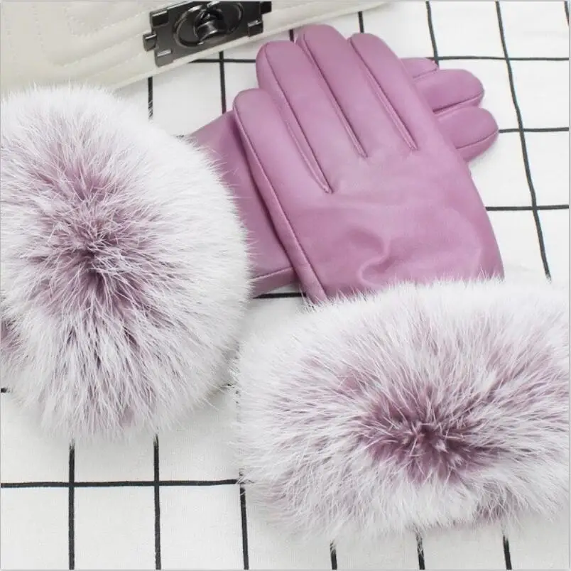 Новое поступление женские перчатки роскошные меховые перчатки для женщин модные однотонные женские кожаные перчатки зимние женские Мотоциклетные Перчатки - Цвет: Purple