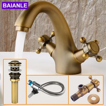 

Antique Brass Double Handle Bathroom Basin Faucet,Hot And Cold Water Sink Faucet Bath Accessories