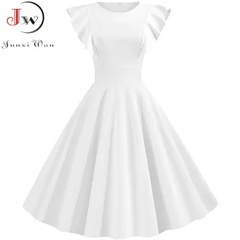 Summer White Petal Sleeves Cocktail Party Vintage Dress  50s 60s Elegant Robe Femme Casual Solid Slim Office Dress Vestidos 1