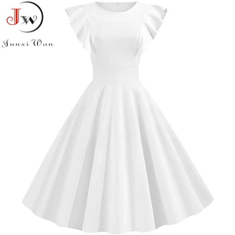 Summer White Petal Sleeves Cocktail Party Vintage Dress 50s 60s Elegant ...