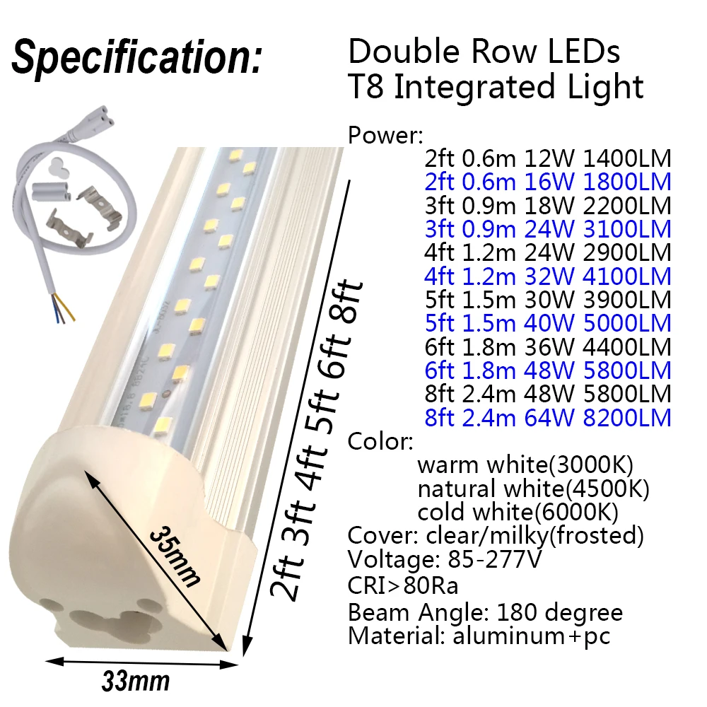  2-50/pack Double Row LED Tube Lights 2ft 3ft 4ft 5ft 6ft 8ft Super Bright Twin Bar Lamp T8 Integrat - 32752635538