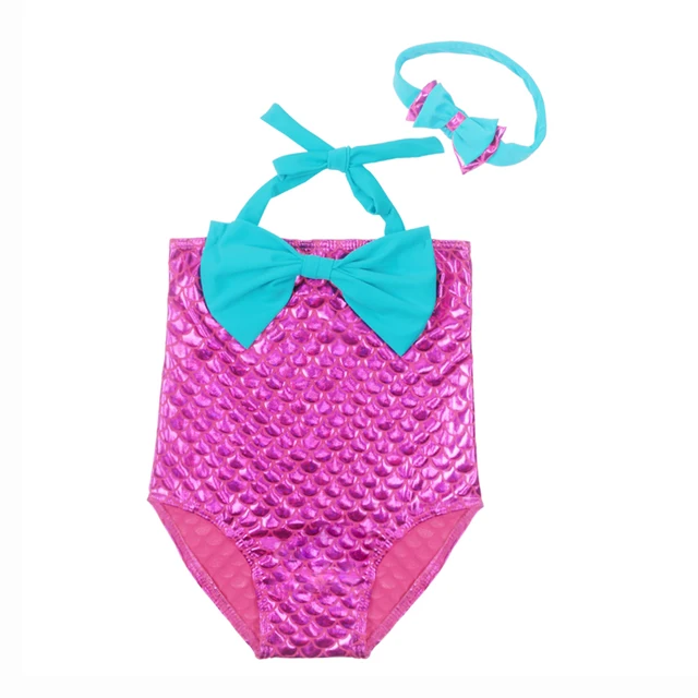 Girls Swimwear with Headband 3T 7T, Baby Swimming Suit Mermaid Pattern, Kids Bathing Costumein