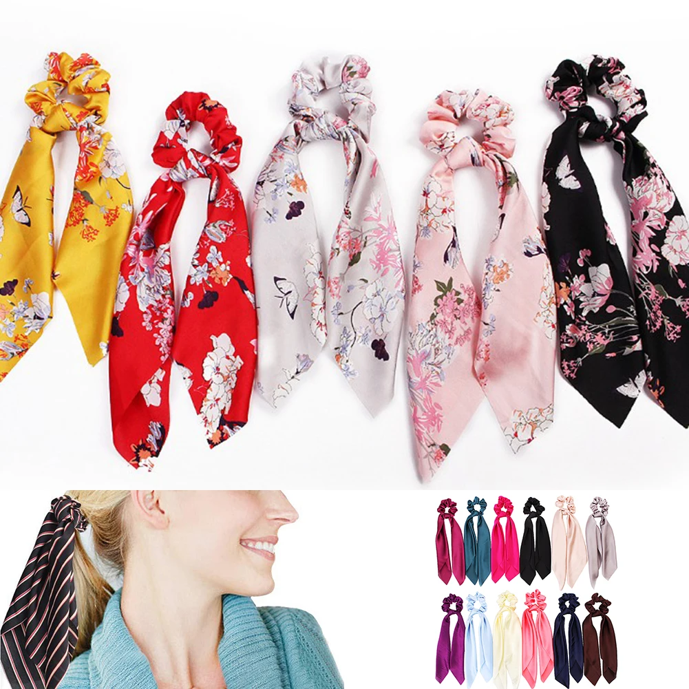 hair band for ladies DIY Solid/Floral Print Bow Satin Long Ribbon Ponytail Scarf Hair Tie Scrunchies Women Girls Elastic Hair Bands Hair Accessories black head scarf