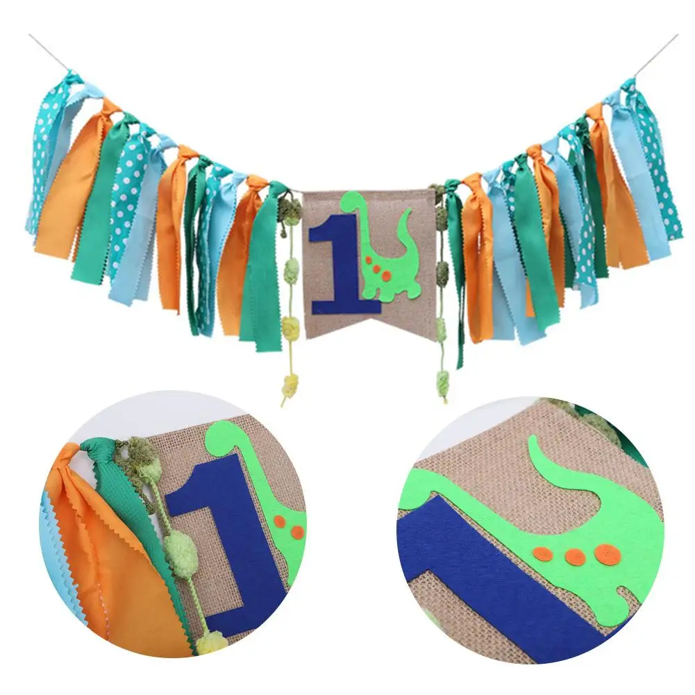

2018New Jungle Safari Dinosaur Theme Highchair Banner Green Blue One 1st Birthday Garland Baby Shower Decoration Cake Smash Flag