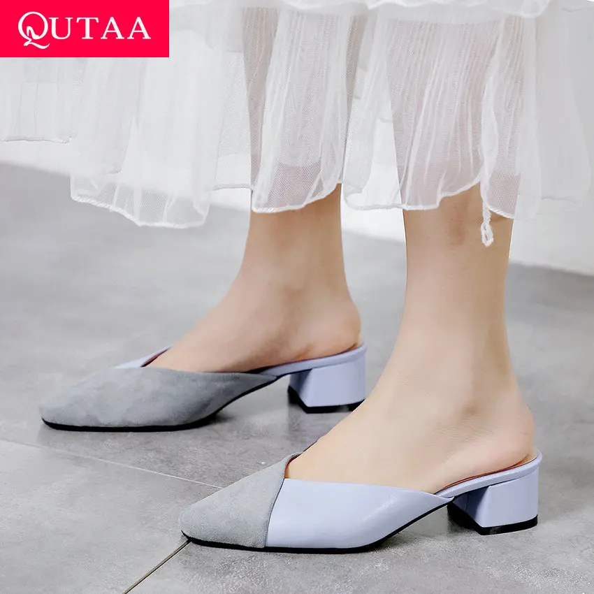 

QUTAA 2019 Ladies Sandals Flock+PU Leather Square Middle Heel Round Open-toed Slingback Anti-skid Women Pumps Summer Size 34-43