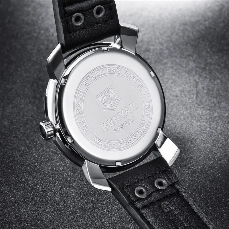 Benyar Luxury Top Brand Men Fashion Creative Skull Watch Business Military Clock Leather Quartz Men