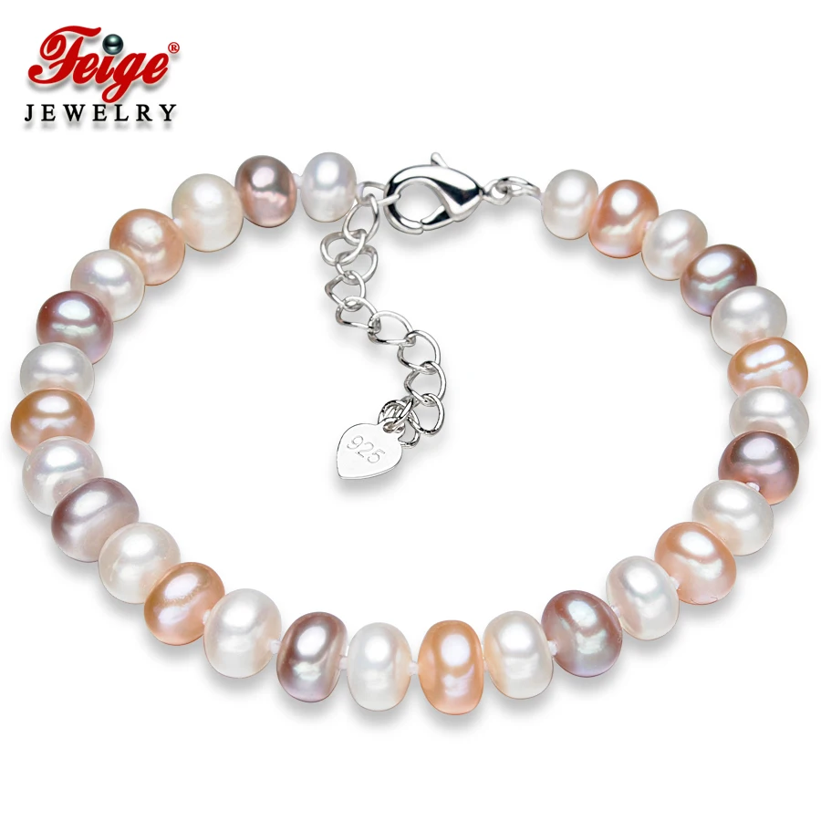 FEIGE Popular style 6.5-7.5mm Multicolor Natural Freshwater Pearl Strand Bracelets for Women Long Chain Hooks Fine Jewelry |