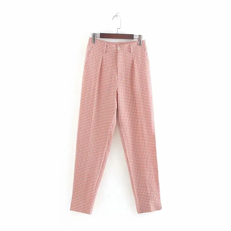 

Women vintage plaid print pencil pants chic pocket ankle length Trousers ladies zipper fly business pantalones mujer pants P290