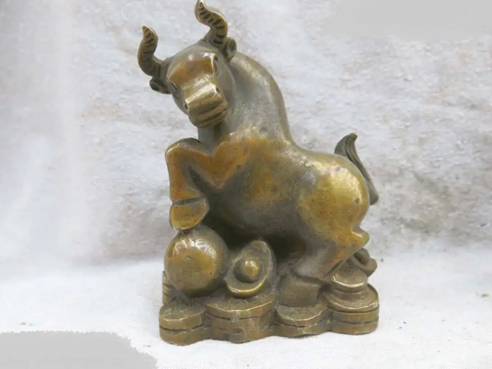 

China Feng Shui Brass fine copper stock market lucky money Ox Cattle Statue DD