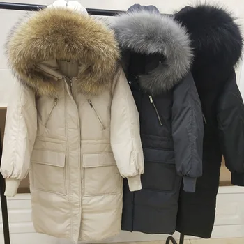 

Large Real Raccoon Fur Collar 2019 Winter Parka Female Winter Jacket Women Hooded Warm Long White Duck Down Jacket Thick Coat