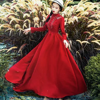 

Women Maxi Long Retro Dress Spring 2018 Fairy Red Vintage Embroidered Horn Sleeved Dress Ladies Girls Party Vestidos Dresses